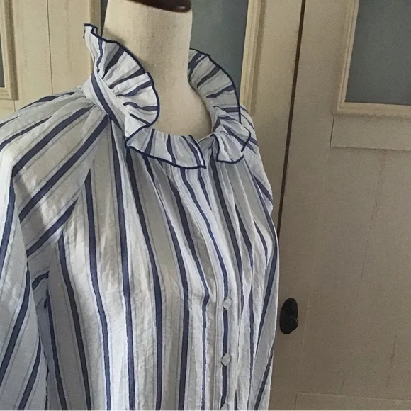 Finley Fiona Ruffle High Neck Blouse Blue/White Striped XS 100% Cotton - Picture 7 of 10